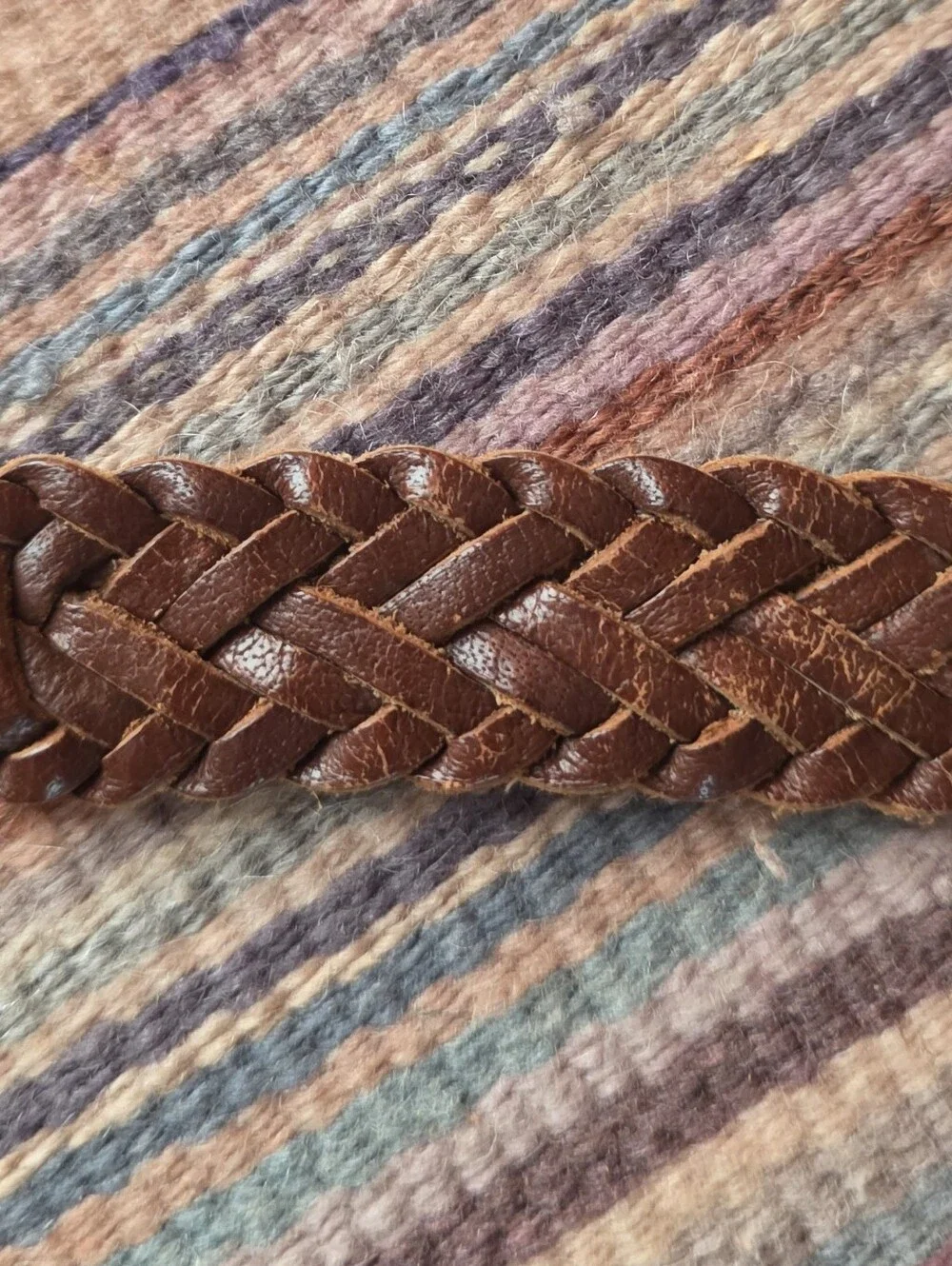 VTG Boho Braided Brown Leather Belt Brass Buckle Unbranded